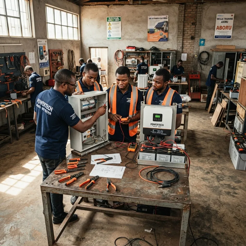 James Okorie Technical Institute training workshop environment in Aboru showing students working with electrical equipment