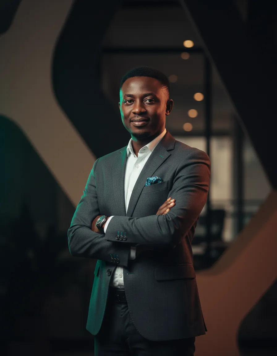 Nigerian digital creator in a modern Lagos urban setting, professional portrait