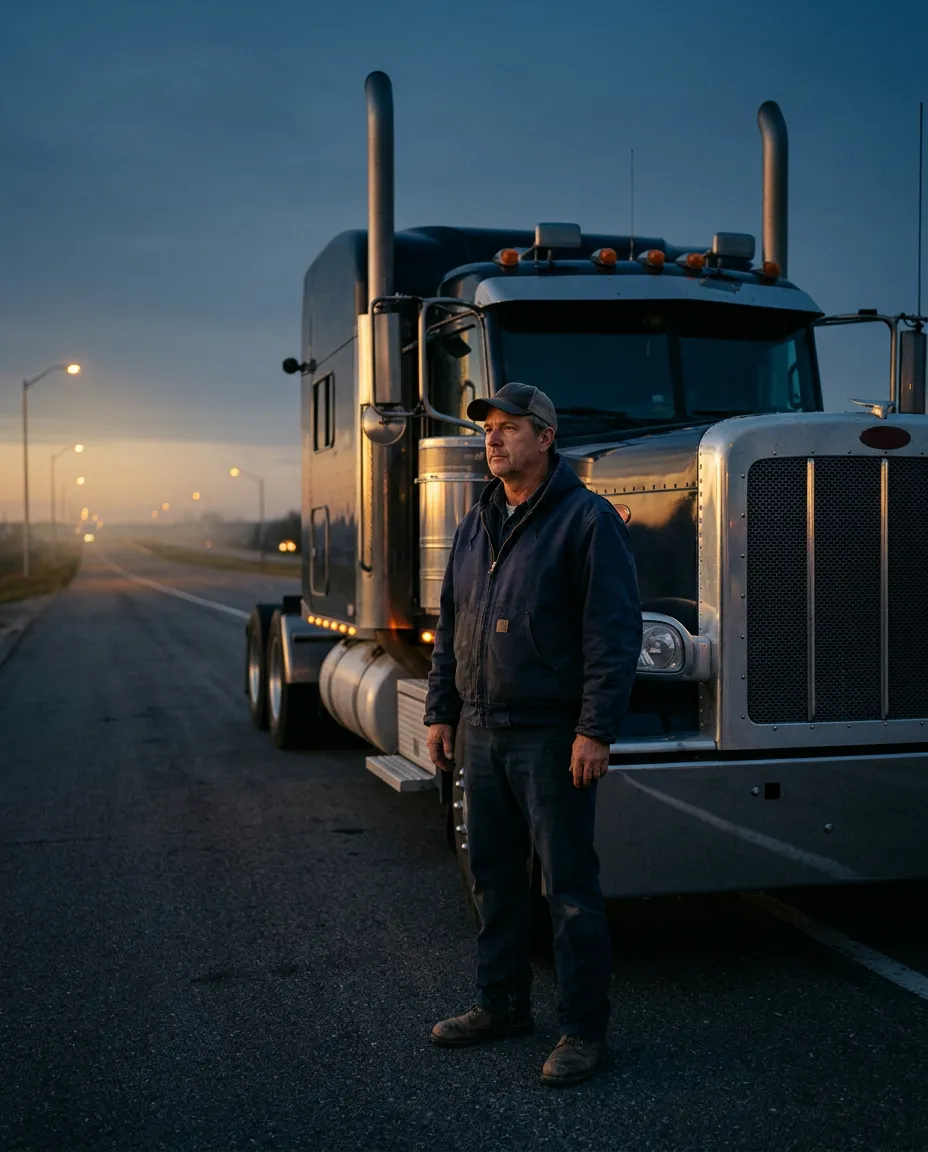 Weary professional truck driver standing next to a semi-truck at dusk reflecting on the road ahead