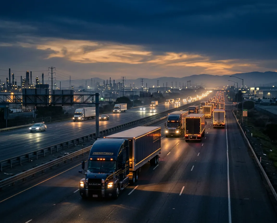 Dusk highway perspective showing industrial freight routes across the country