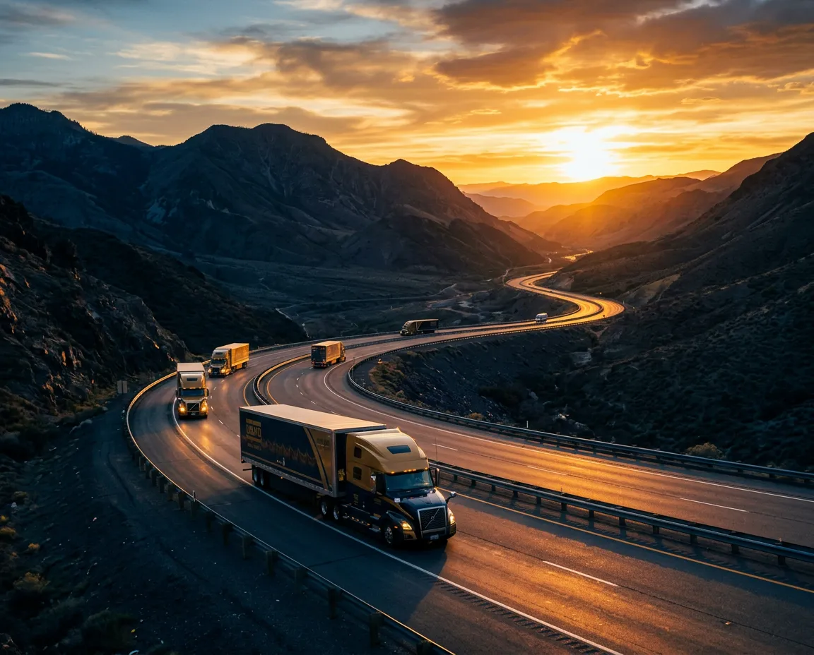 Commercial freight highway winding through mountain pass at sunset