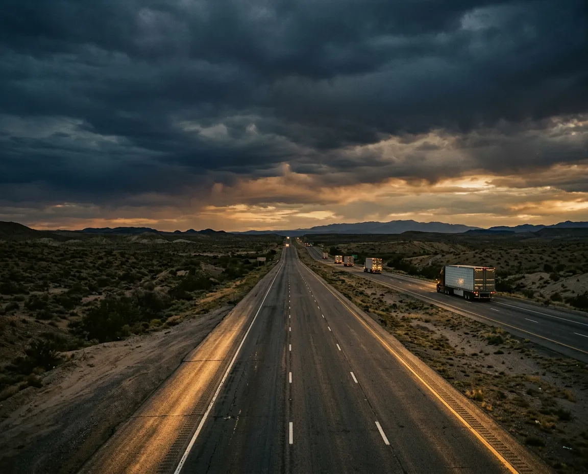 Open desert interstate highway under dramatic open sky stretching into the horizon