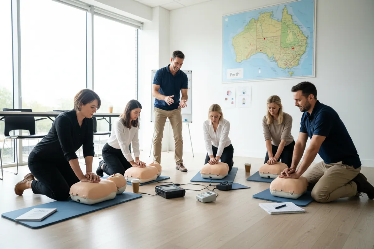 A diverse group of adults in a bright, modern training room in Perth, Western Australia, practicing CPR on manikins under the guidance of a professional instructor.