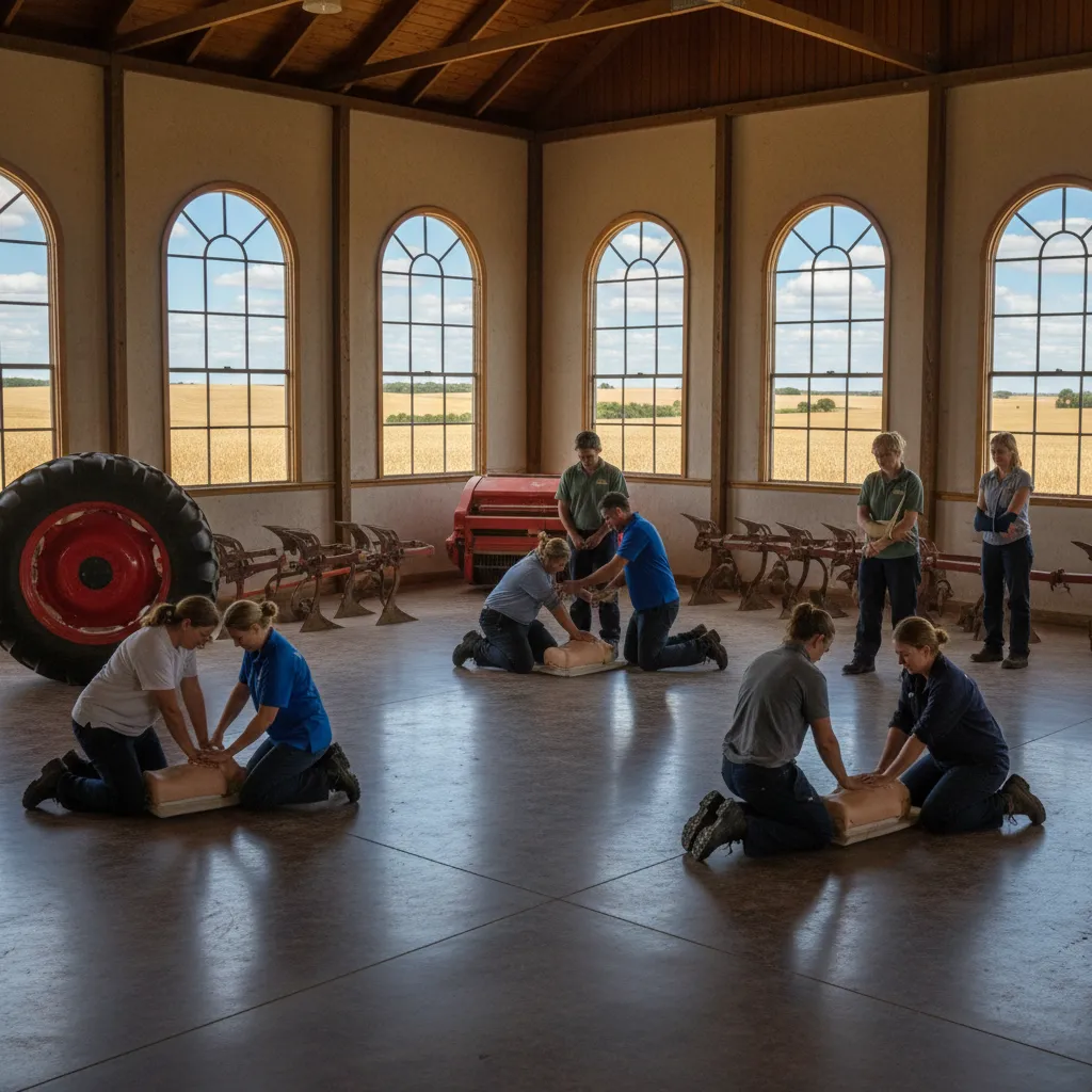 A group of trainees practicing First Aid in a Wheatbelt community hall, with agricultural equipment and wide open fields visible through windows.