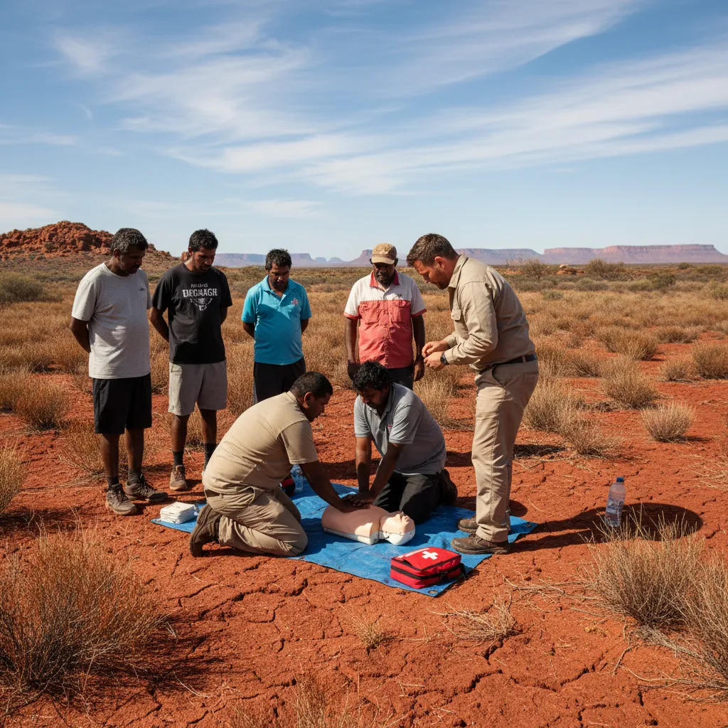 A First Aid trainer leading a session outdoors in the red-dirt landscape of North Western Australia, with local participants and rugged terrain visible.