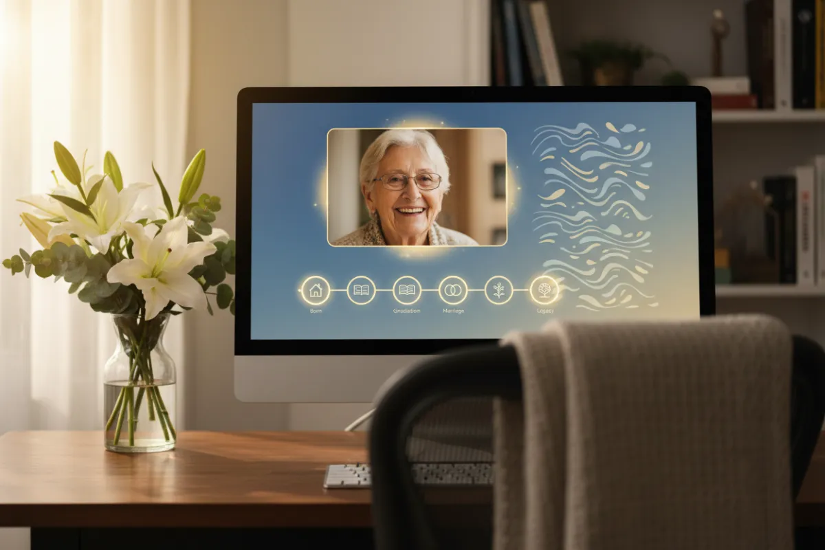 A computer screen displaying a beautifully designed memorial page with a large portrait, a timeline of life events, and heartfelt messages. The setting is a cozy home office with soft lighting and a vase of fresh flowers nearby.