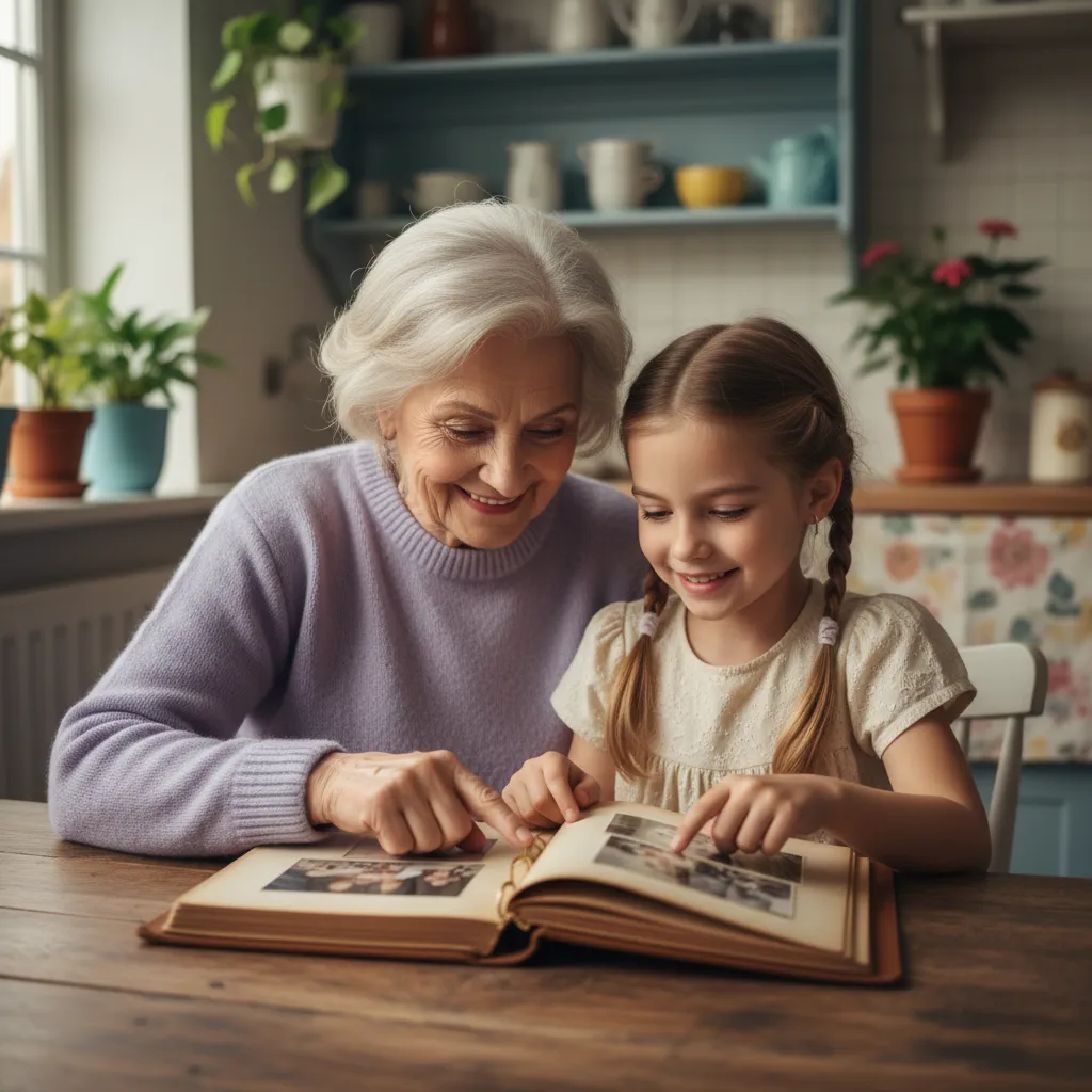 An elderly woman and her granddaughter sitting together at a kitchen table, looking through a photo album, both smiling gently. The background is softly blurred, with warm, natural light and subtle pastel tones, evoking nostalgia and comfort.