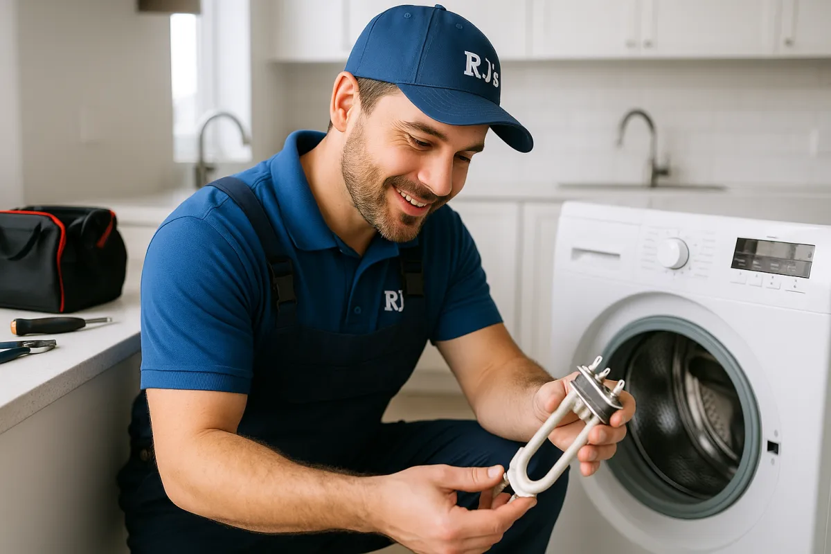Certified technician in RJ’s uniform replacing a washing machine part in a bright modern kitchen.