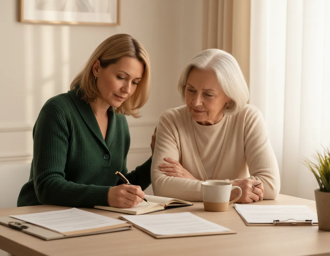 Calming lifestyle image of adult child supporting senior parent