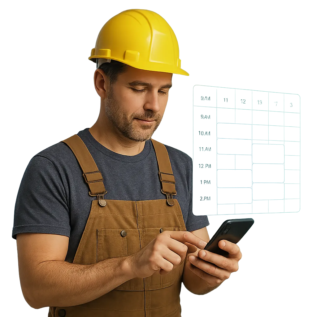 Contractor checking smartphone with calendar overlay