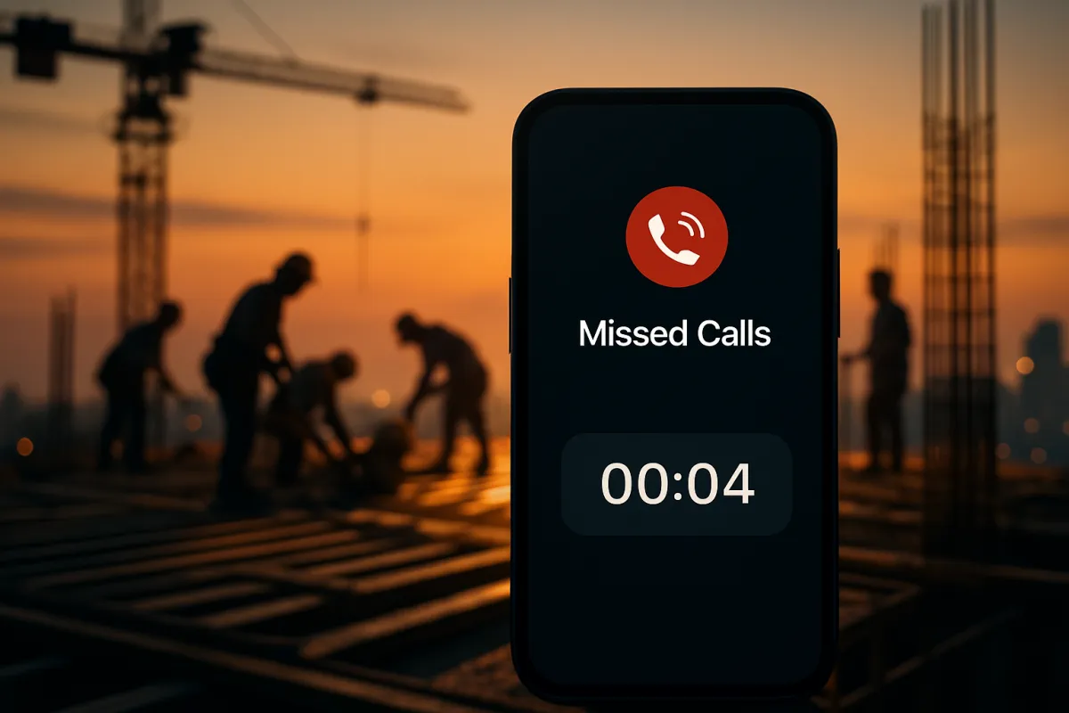 Busy construction site at dusk with a phone overlay showing missed calls and a countdown timer.