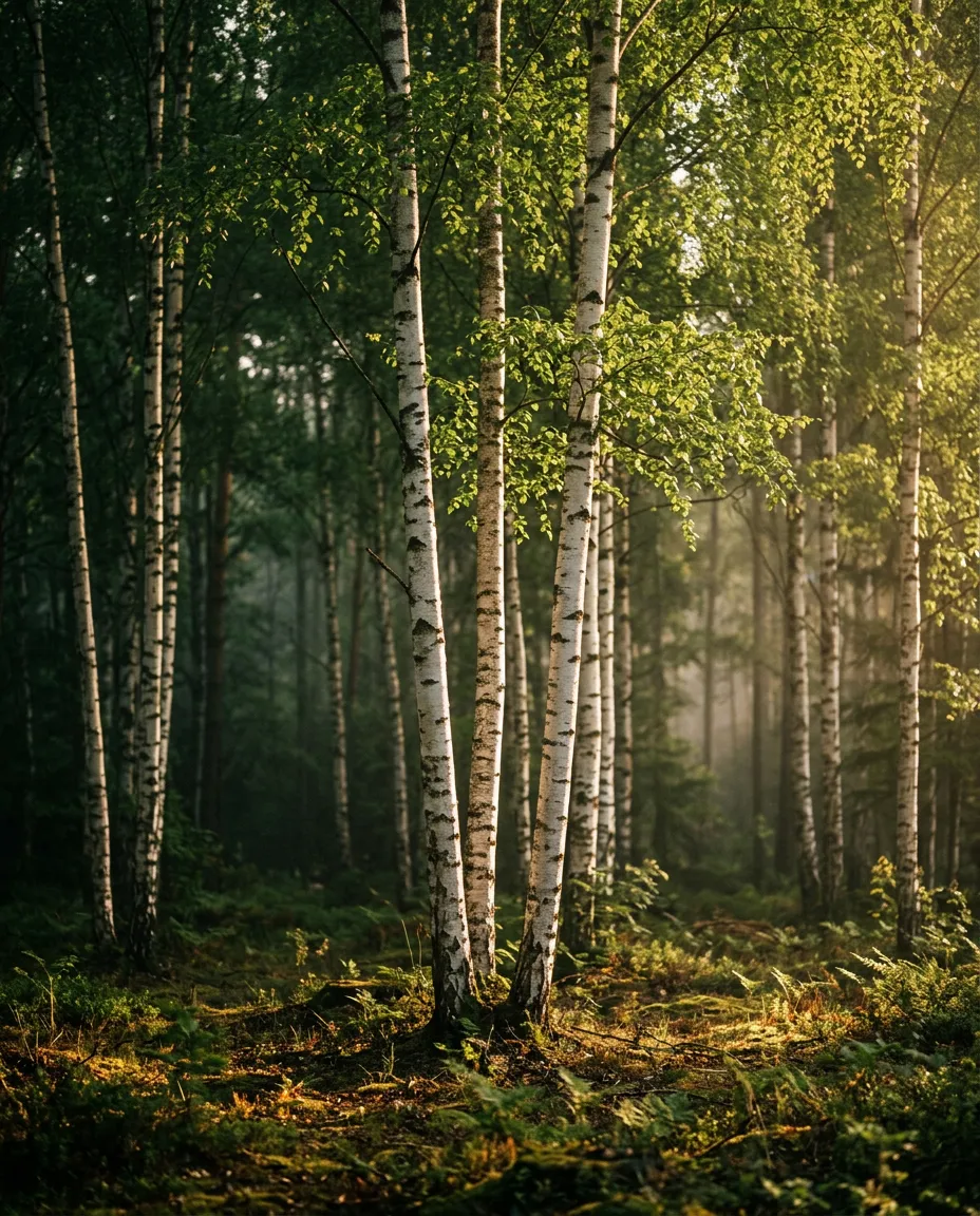 Peaceful rural open land and mature birch trees bathed in warm morning light