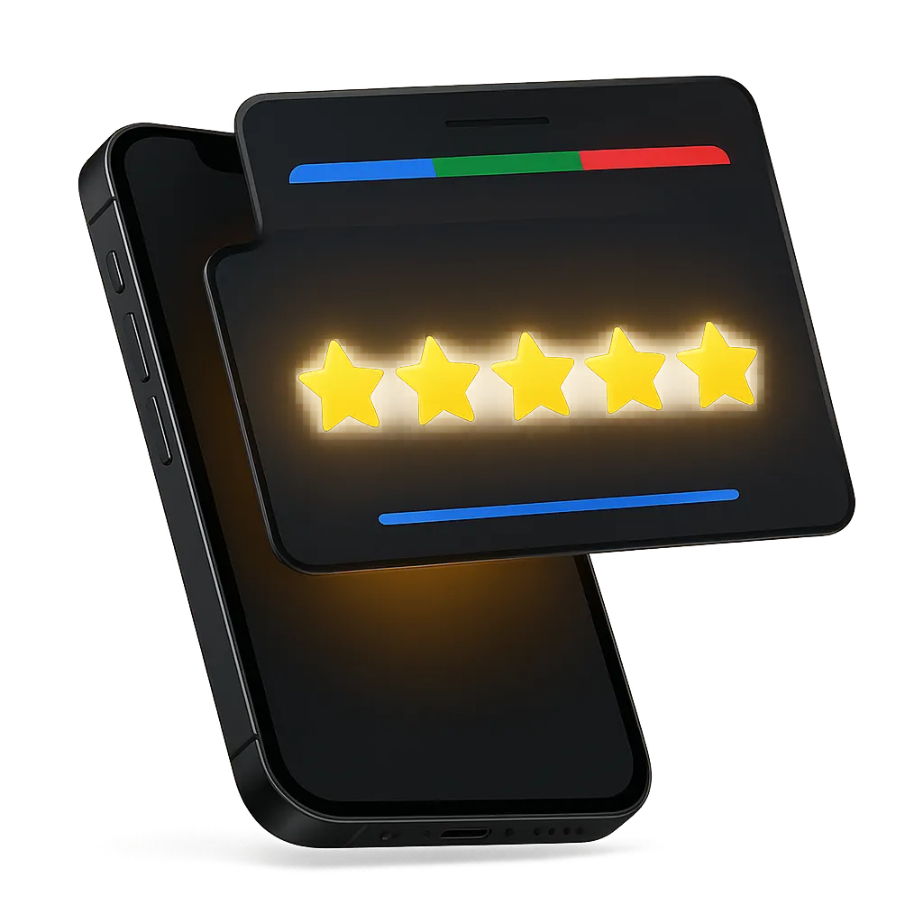 3D smartphone showing a glowing 5-star Google Business Profile rating