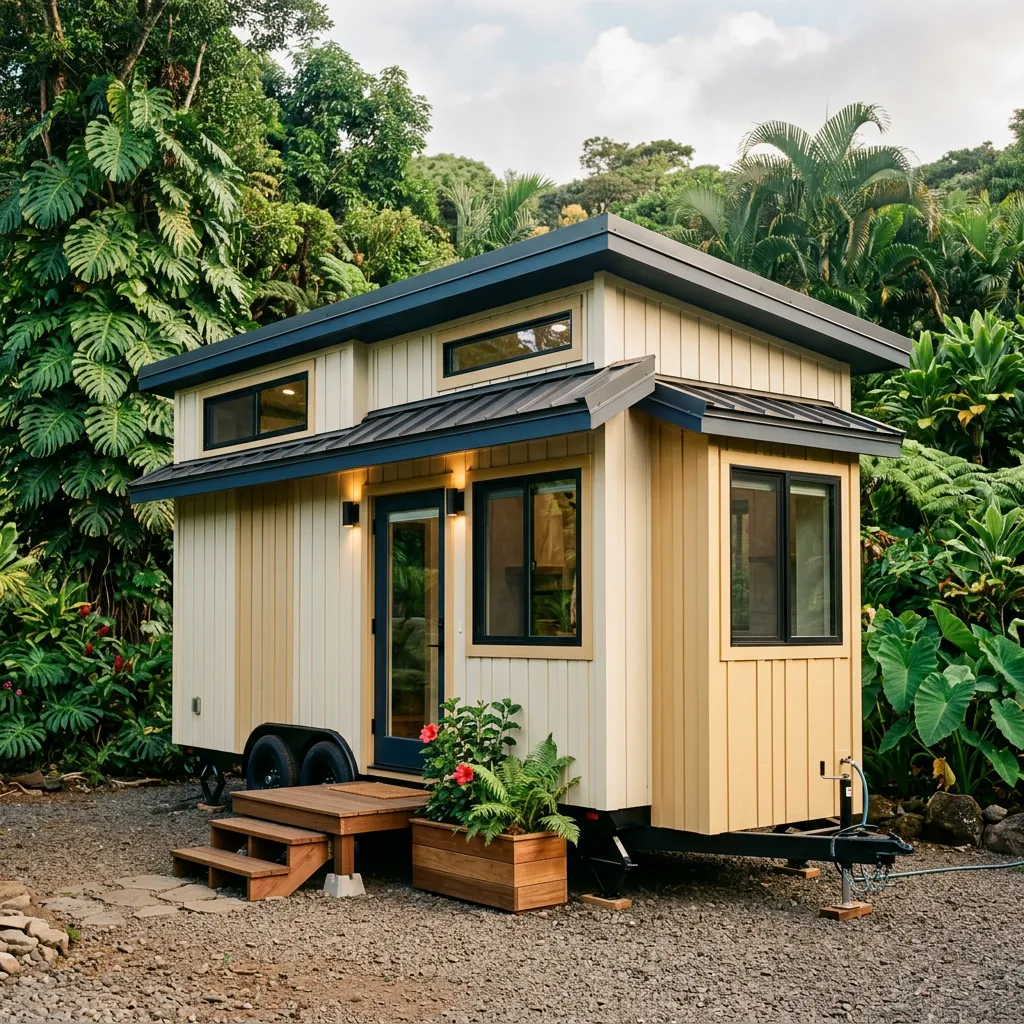 Exterior of modern custom tiny home parked against tropical greenery in Maui