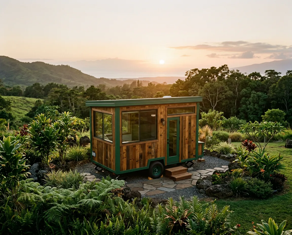 Sustainably built custom tiny trailer exterior surrounded by Maui landscape