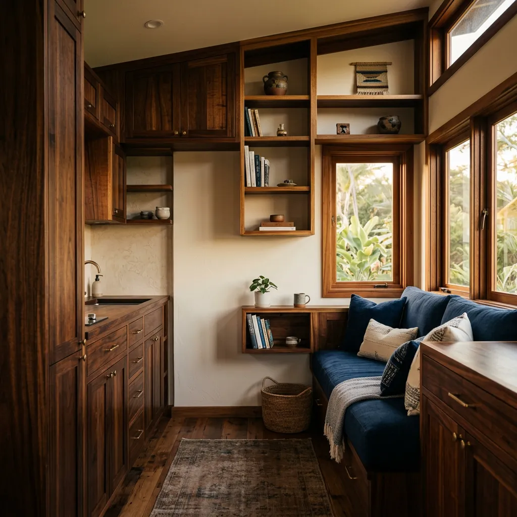 Handcrafted tiny home interior on Maui with custom woodwork and natural lighting
