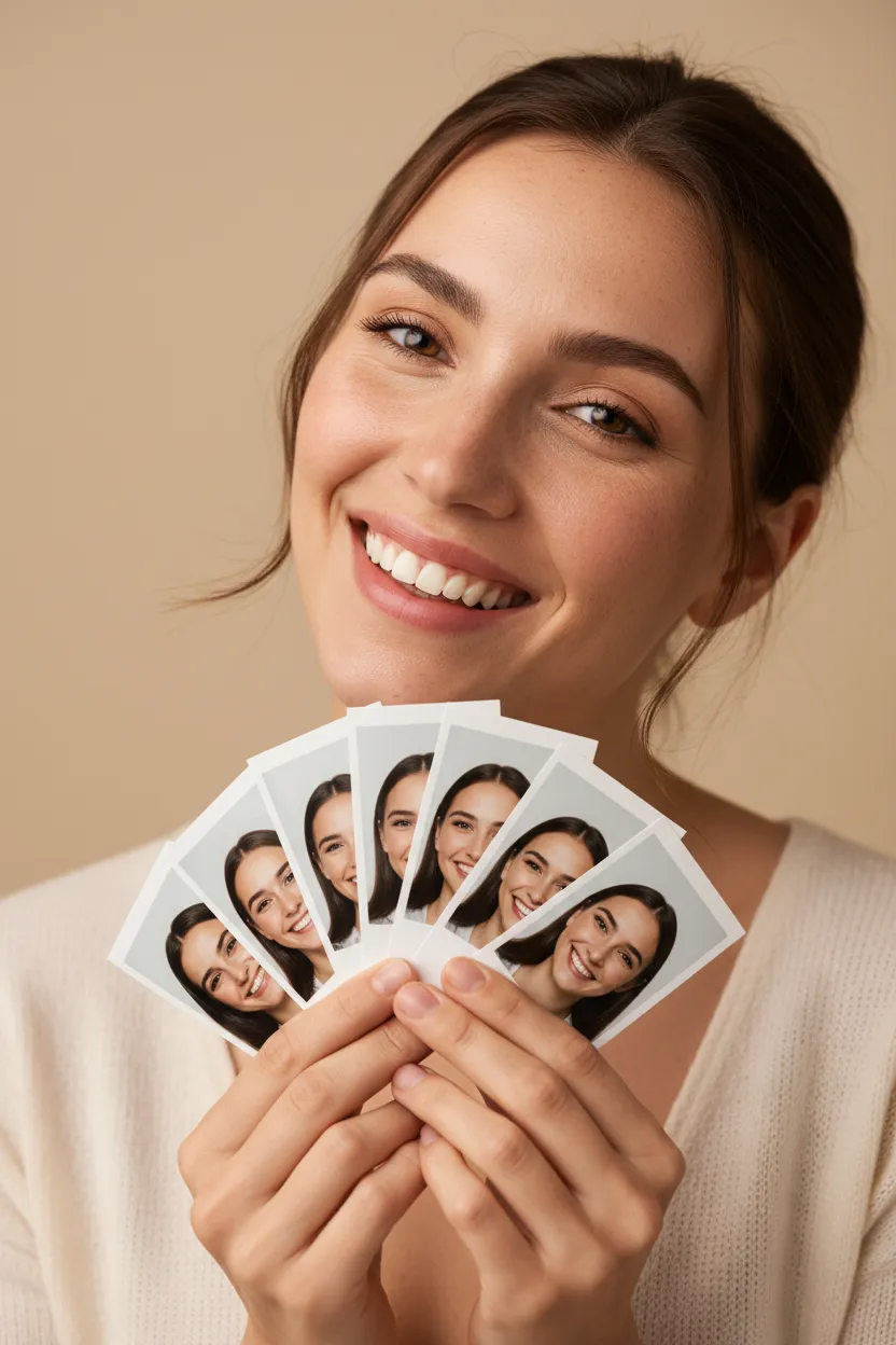 Attractive woman happily holding an envelope fanned with passport photos