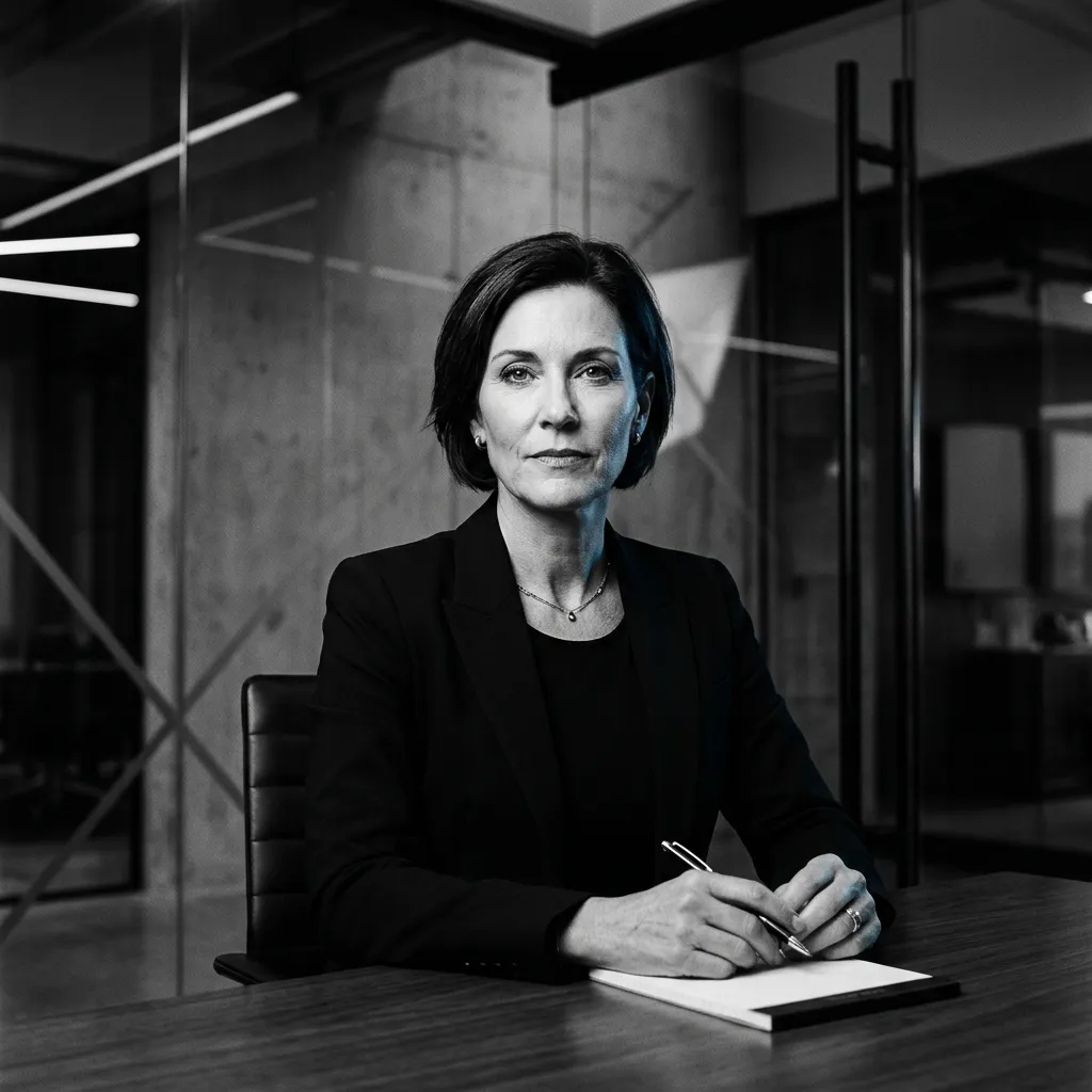 Retrato profesional de Elena Santillán en escala de grises