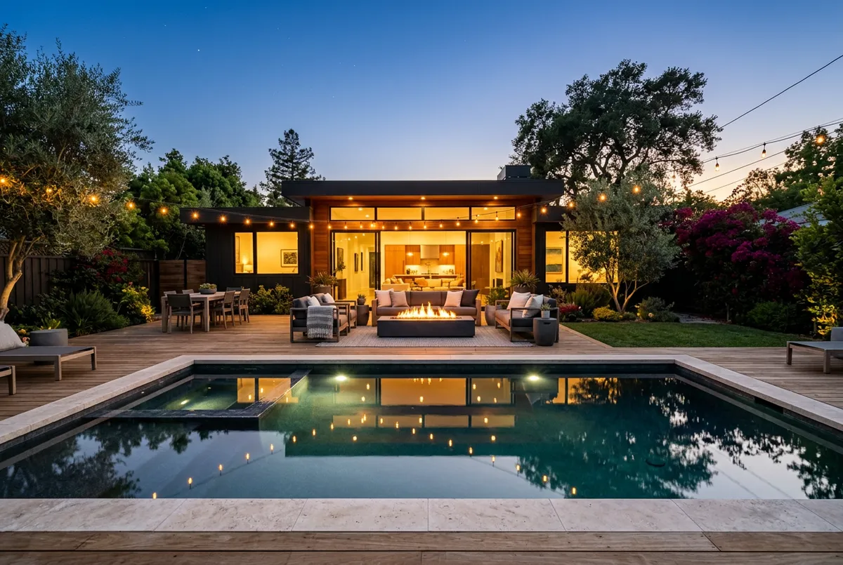 Modern luxury backyard with pool and fire pit at twilight (wide 3:2)