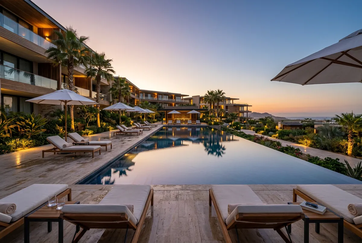 Photorealistic twilight photo of a modern upscale hotel/resort pool area (wide 3:2)