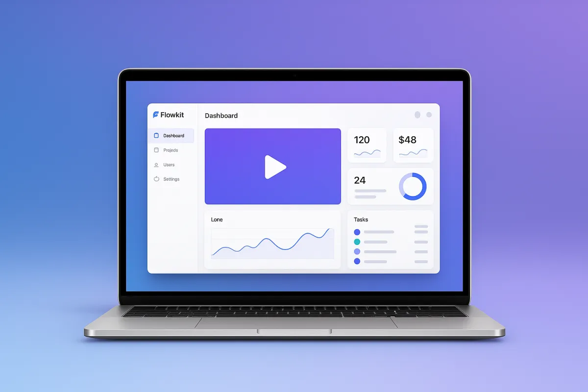FlowKit dashboard UI on a laptop mockup - onboarding video thumbnail