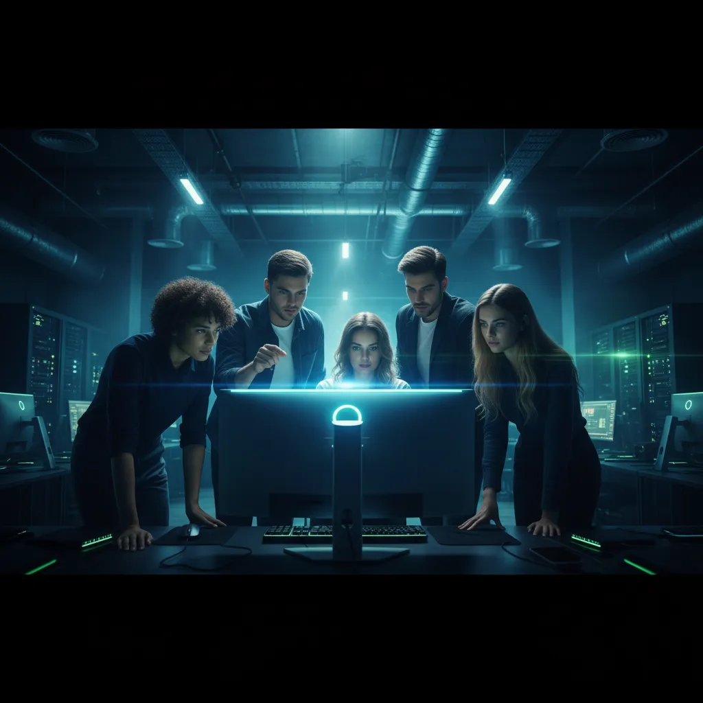 Professionals collaborating at a high-tech workstation