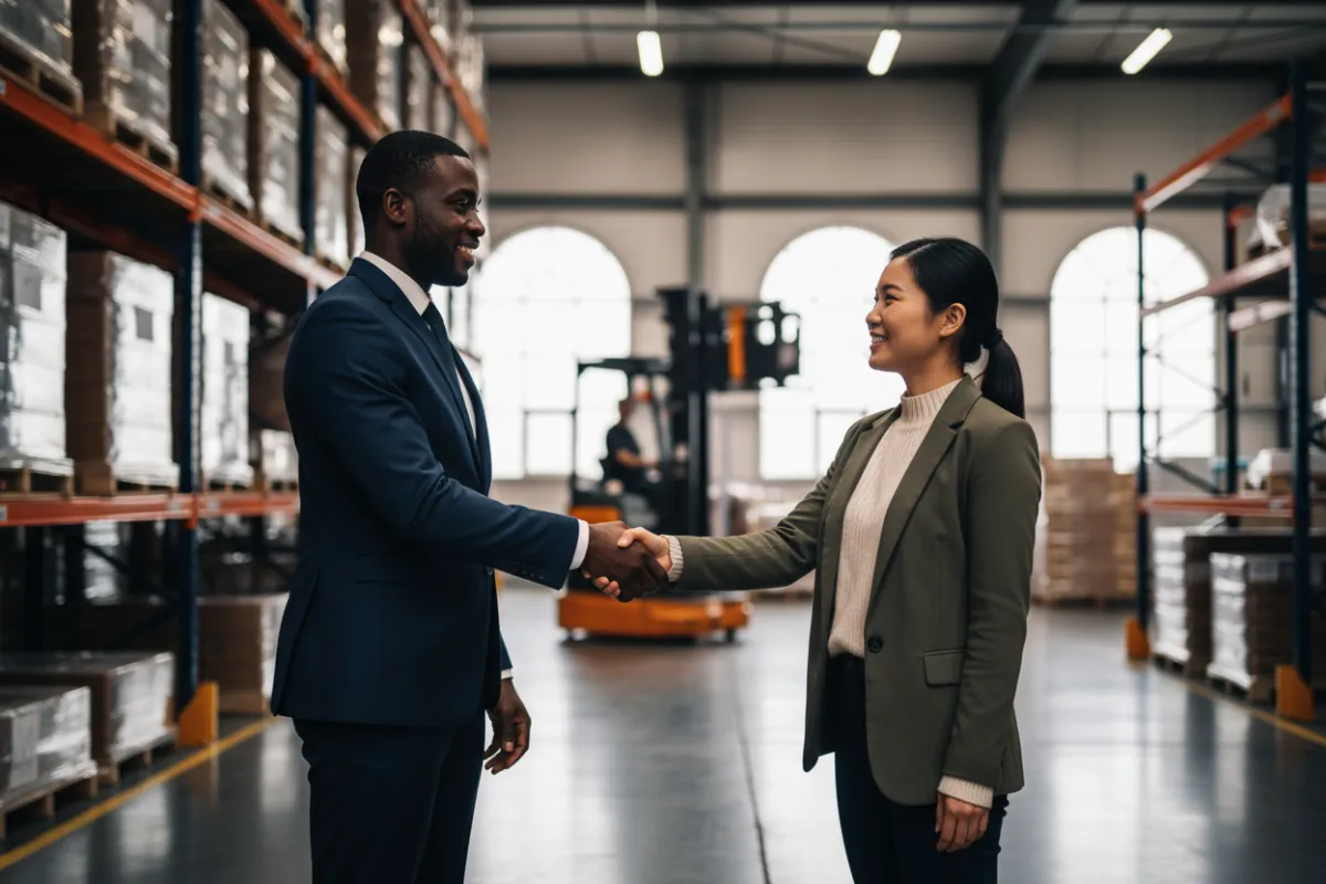 Poignée de main symbolisant un partenariat réussi de livraison logistique
