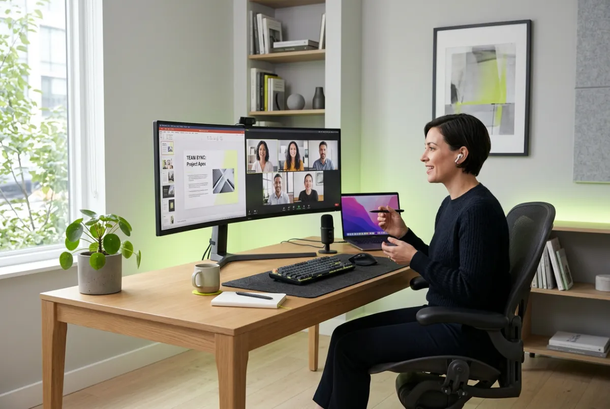 Modern minimalist creative workspace studio with ultra-wide monitors and high-speed cloud sync setup