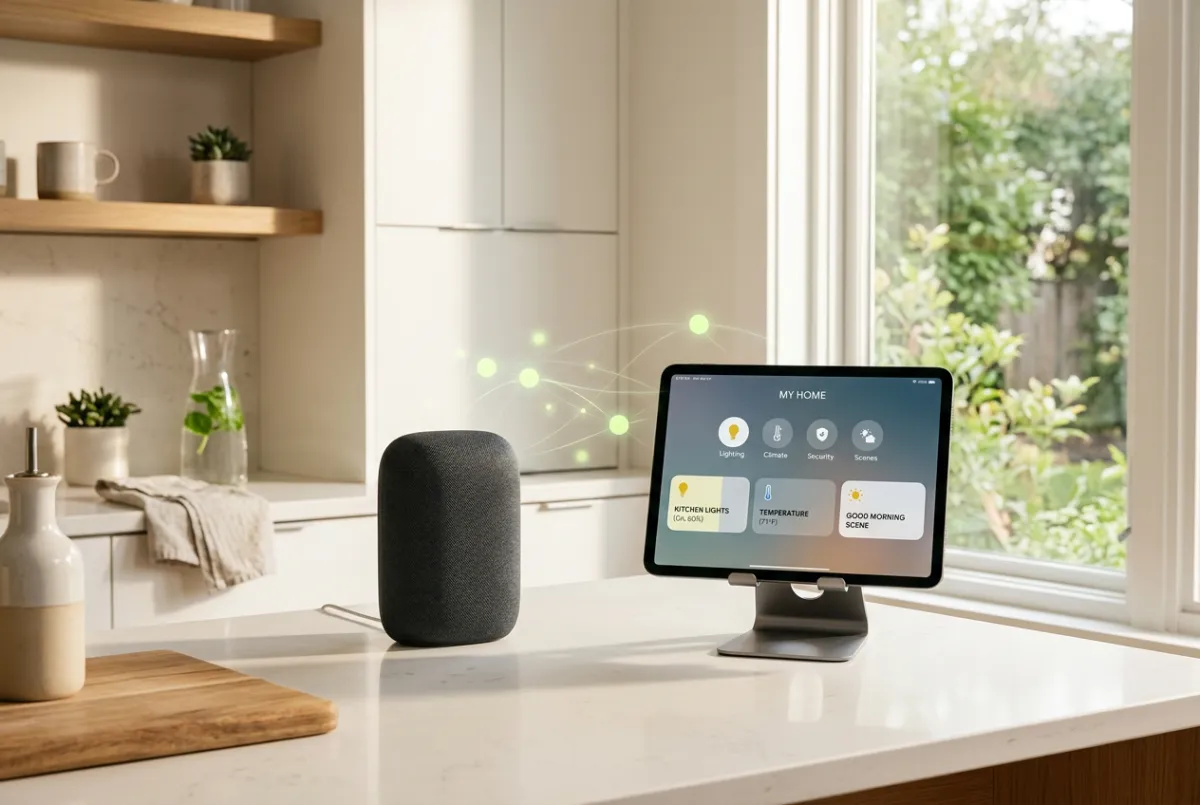 Smart home living environment with interconnected ambient devices, automated lights, and family tablets