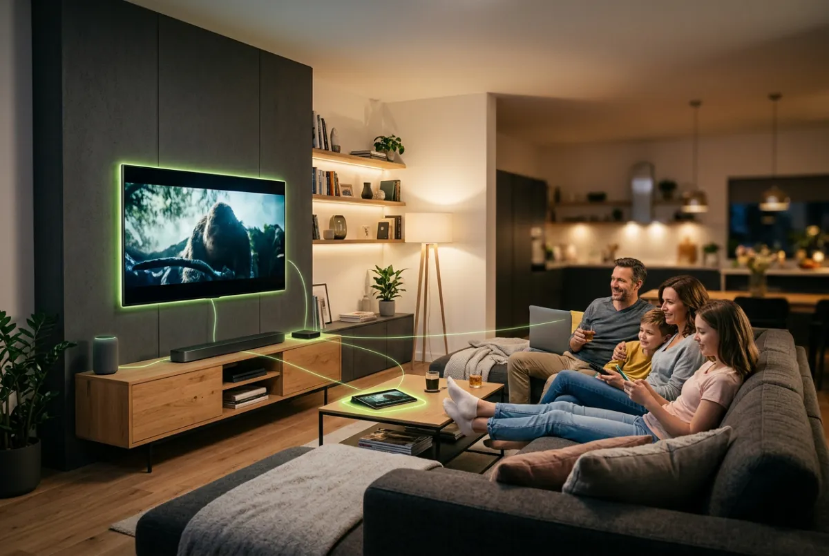 Sleek living room home theater displaying crisp high-definition streaming with architectural lighting