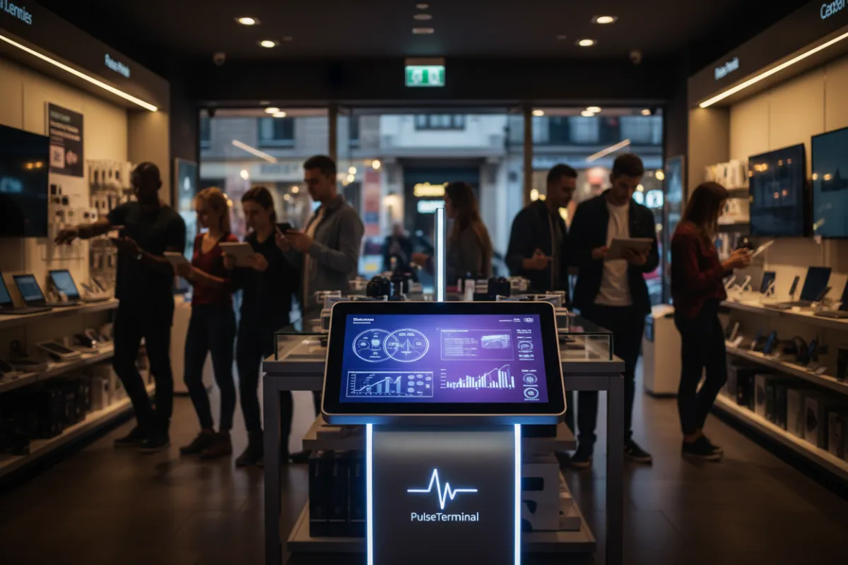 Busy electronics shop using PulseTerminal with customers in the midground.
