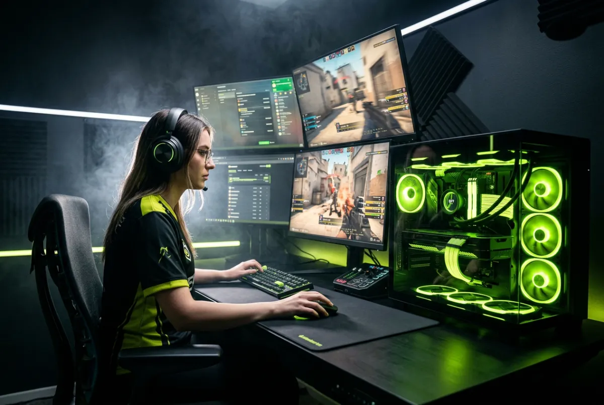 High-performance esports gaming battlestation with neon ambient glow and pro peripheral gear