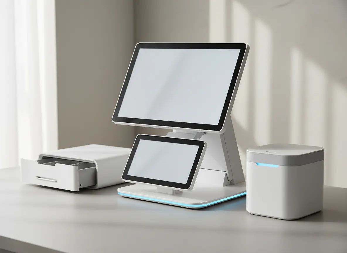 FluxPOS countertop hardware station with dual displays