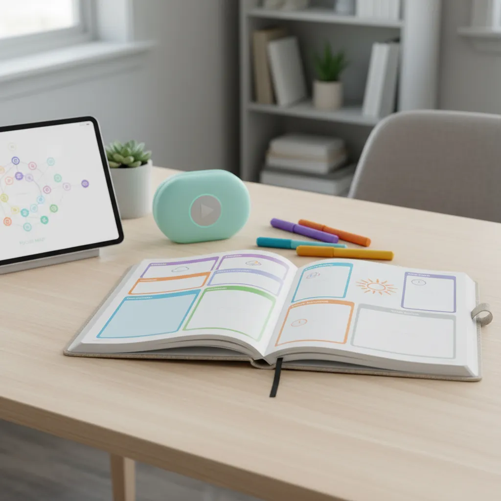 A close-up of a personalized coaching journal open on a desk, with colorful ADHD-friendly planning templates, a digital tablet displaying a focus map, and a motivational audio device. The scene is bright, organized, and inviting. Aspect ratio 1:1.