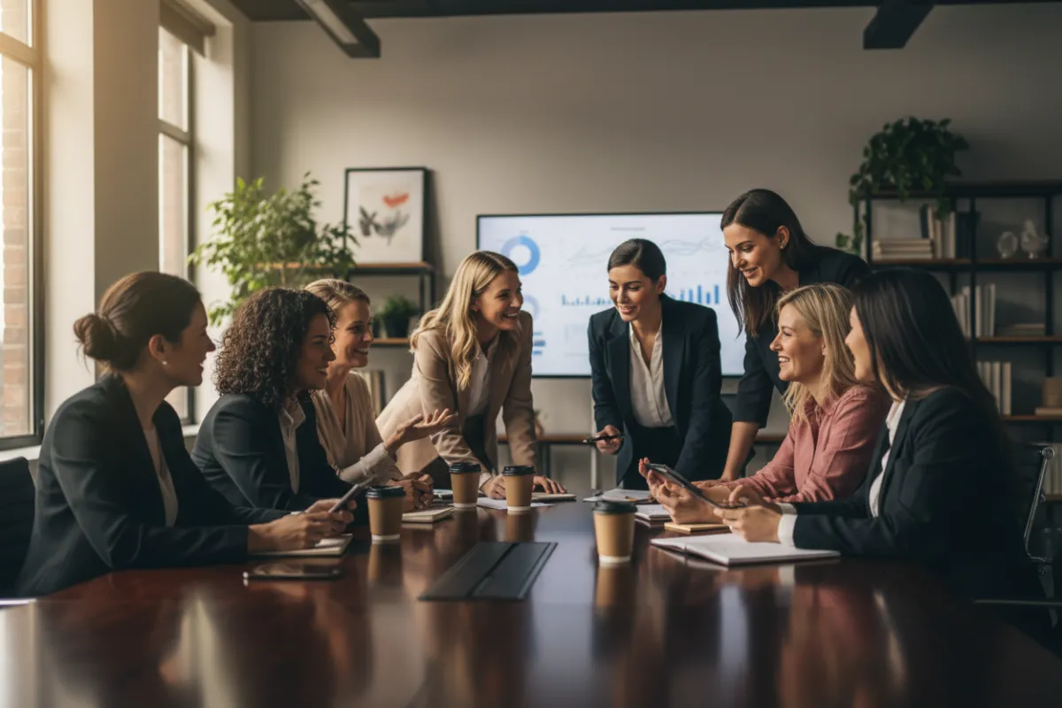 A group of women, late 20s to 40s, sit around a table at the office in the same bright, modern coworking space and composition as the previous image; candid documentary style. Aspect ratio 3:2.