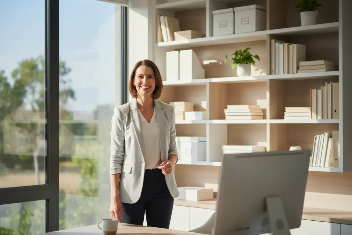 A confident adult with ADHD, mid-30s, stands in a sunlit modern home office, smiling with a sense of accomplishment. The background features organized shelves and a large window, evoking clarity and calm. The style is crisp, natural, and professional. Aspect ratio 3:2.