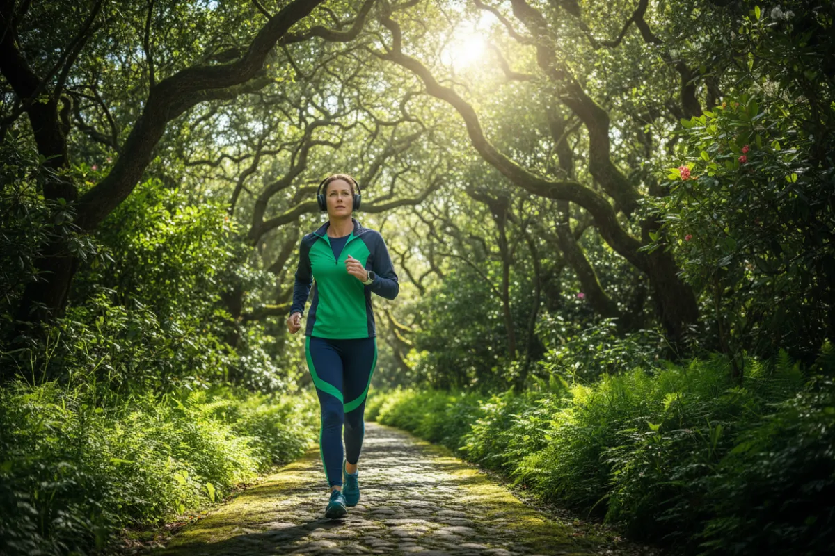 A determined adult, early 40s, walks outdoors on a tree-lined path, headphones on, listening to motivational audio. The background is vibrant and green, symbolizing growth and forward movement. The style is energetic and optimistic. Aspect ratio 3:2.