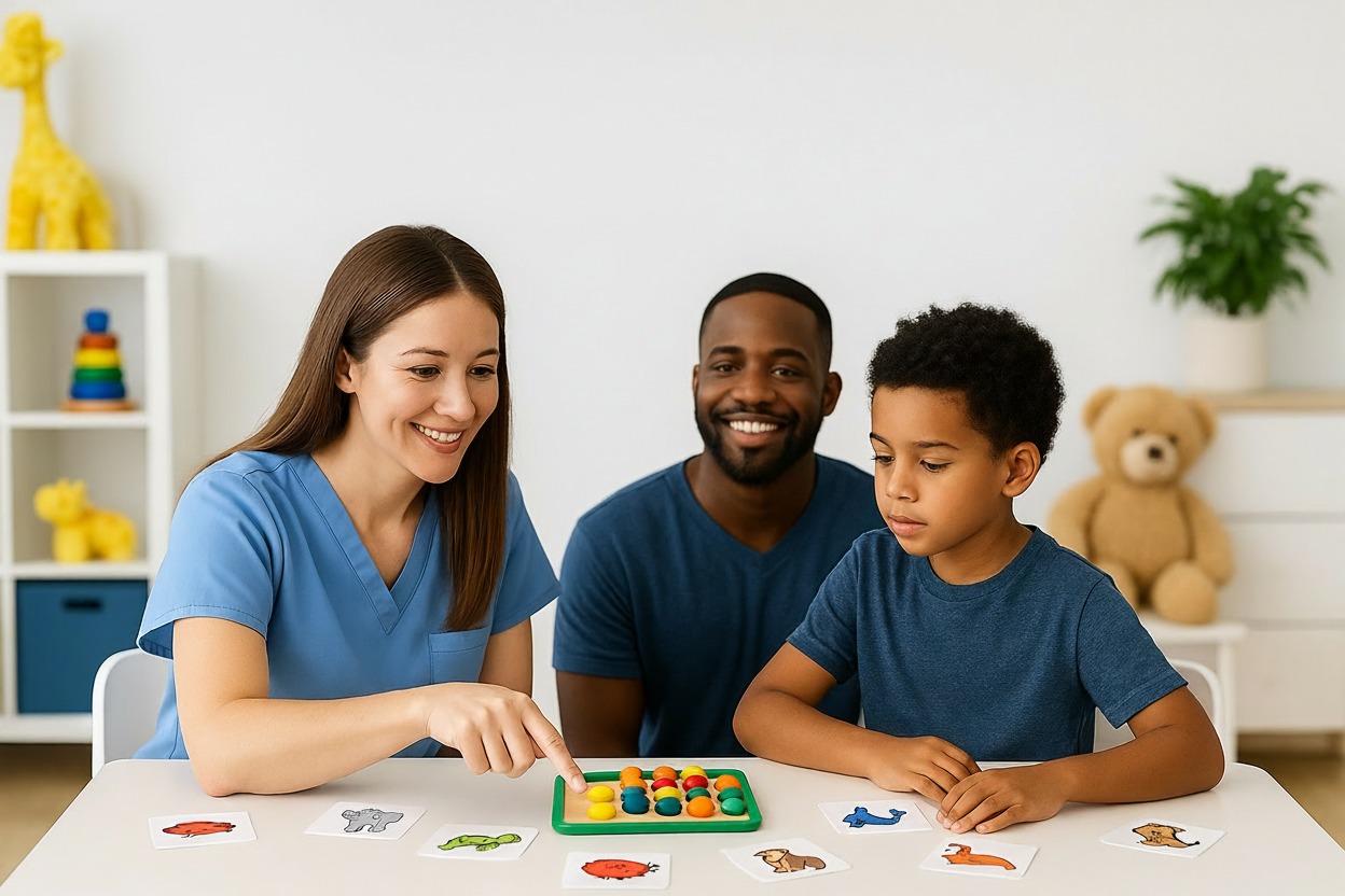 Behavior technician working with child during ABA therapy session