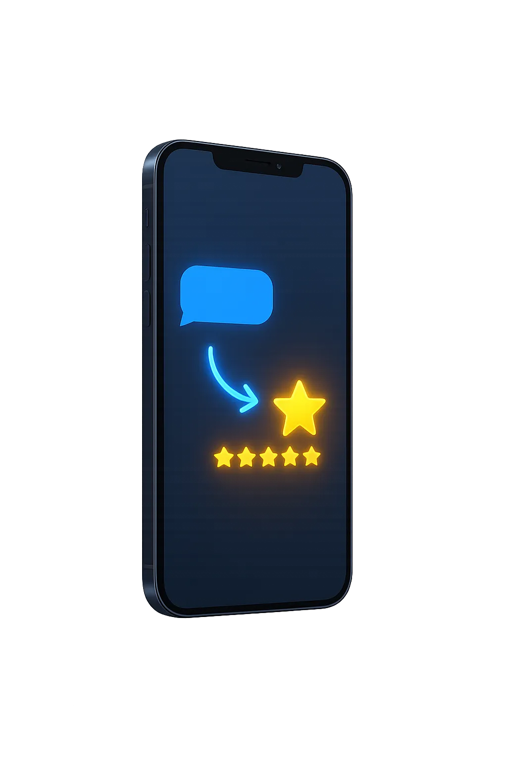 Floating smartphone mockup showing automated SMS review request leading to 5-star ratings