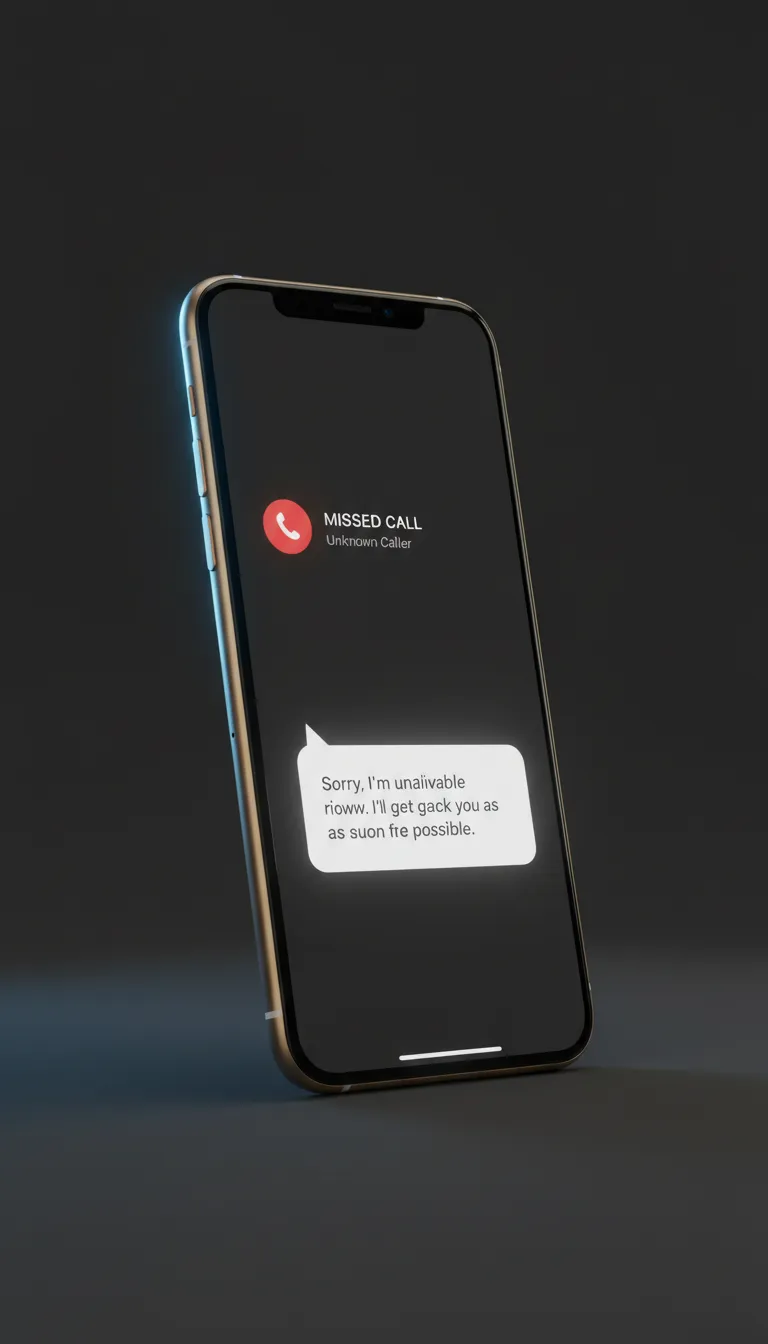 Automated SMS interaction mockup showing a missed call and instant text back