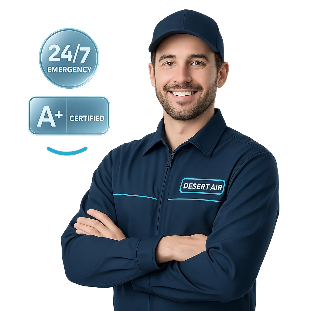Certified Desert Air HVAC technician standing by a modern AC unit