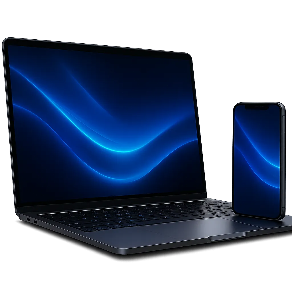 Modern laptop and phone mockup displaying a sleek digital interface