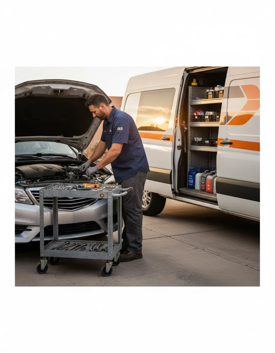 Certified mechanic working on a vehicle engine outdoors in Tucson