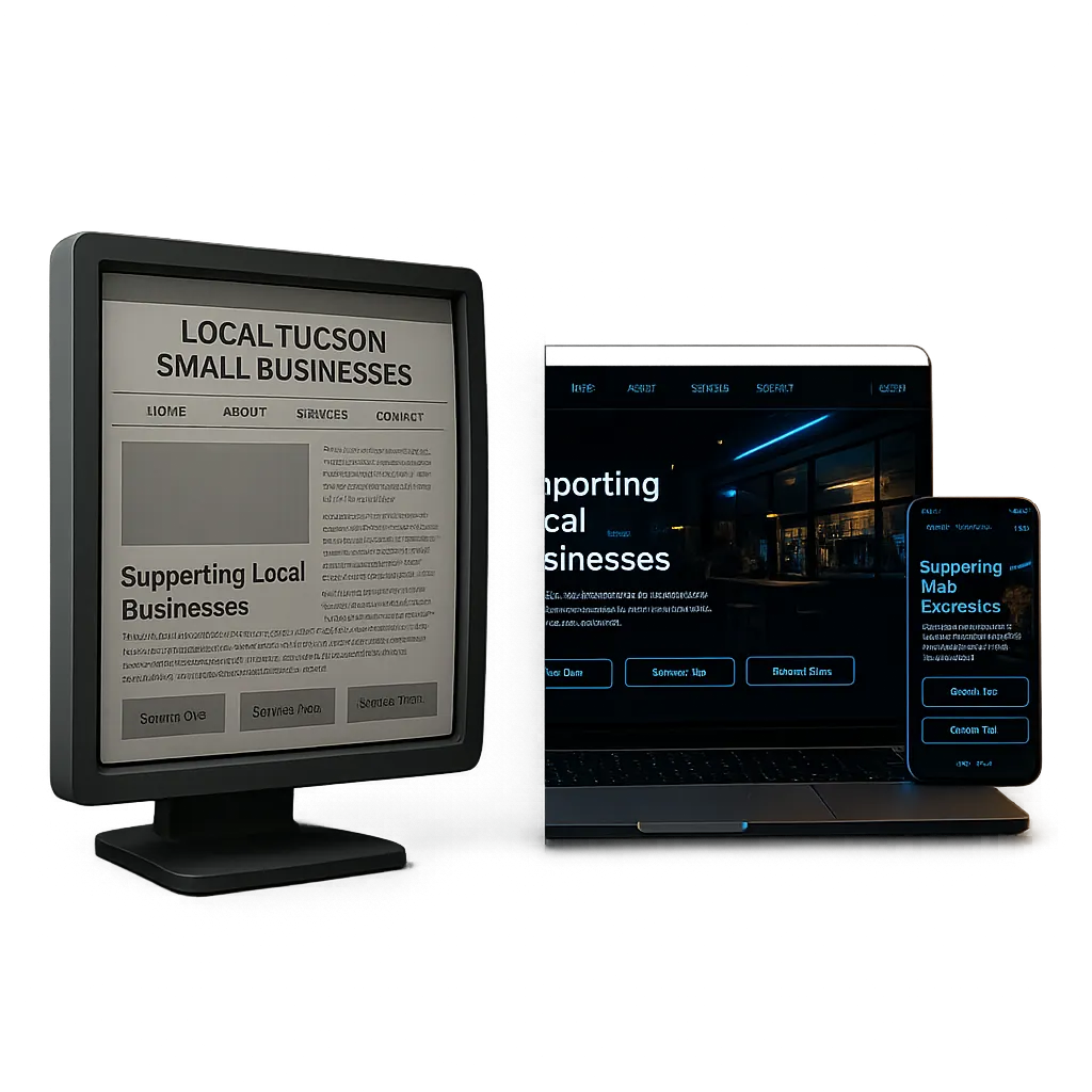 Split composite image comparing an outdated broken website to a premium Tucson local business website