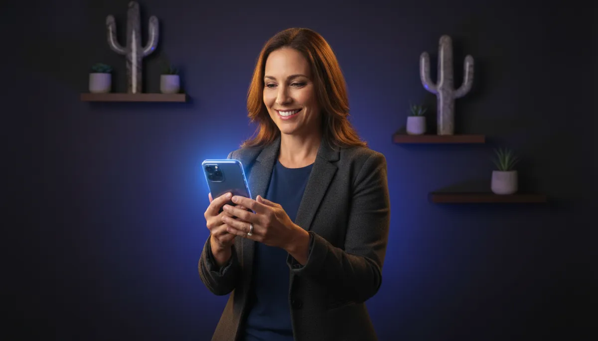 Relieved business owner smiling while looking at a clean modern local business website