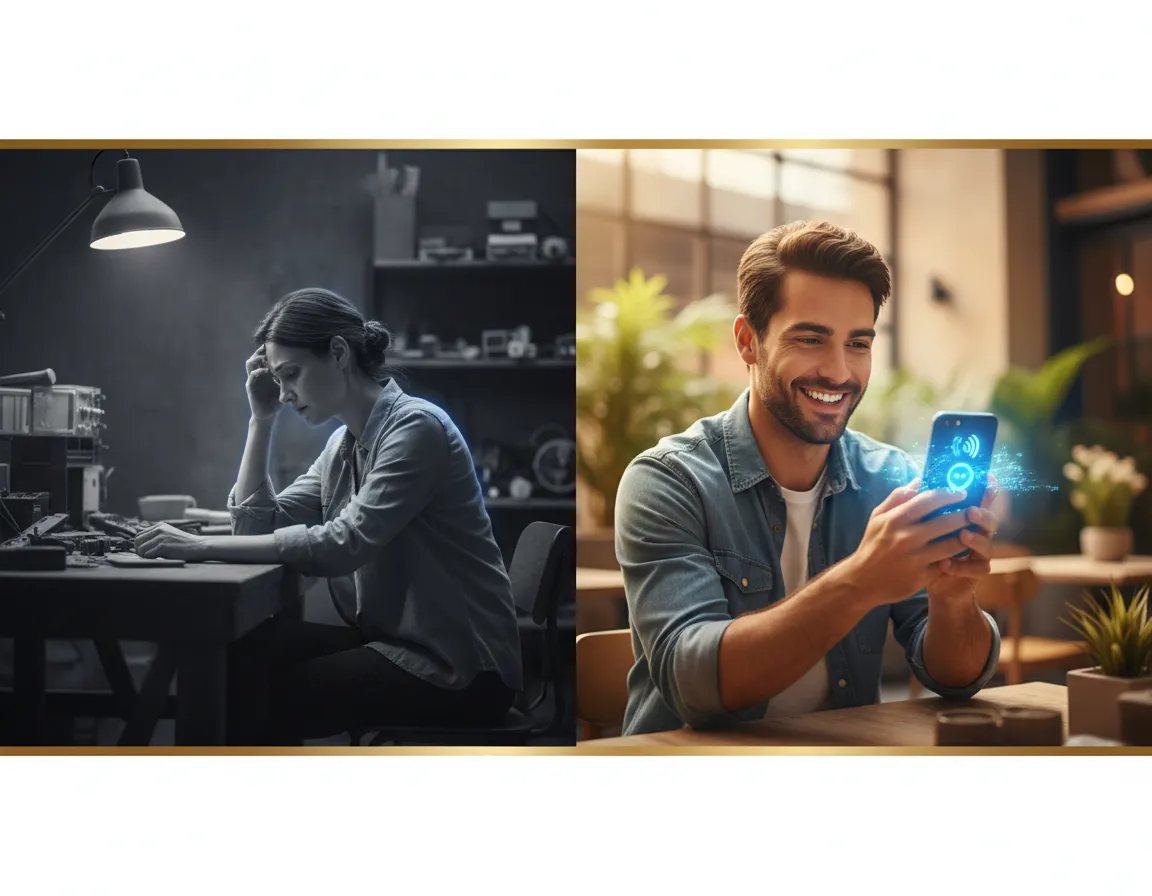 Stressed business owner missing a call versus a happy customer receiving an automated text reply