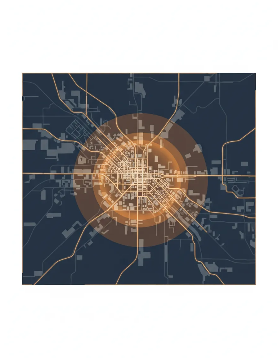 A desaturated map of Tucson with a semi-transparent amber radial pulse centered on the city. Labels indicate 30-minute response zone in bold uppercase Archivo Black.