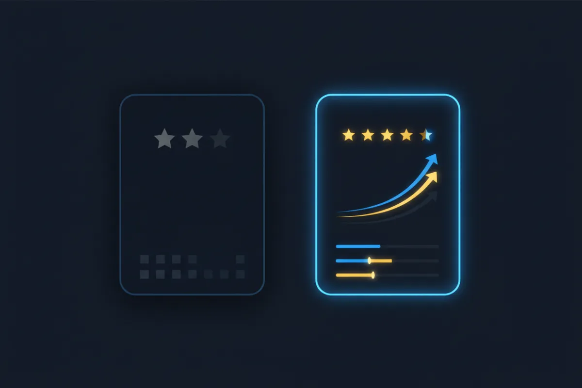 Review Comparison Frame - 3.2 Stars vs 4.9 Stars with electric blue border and gold stars
