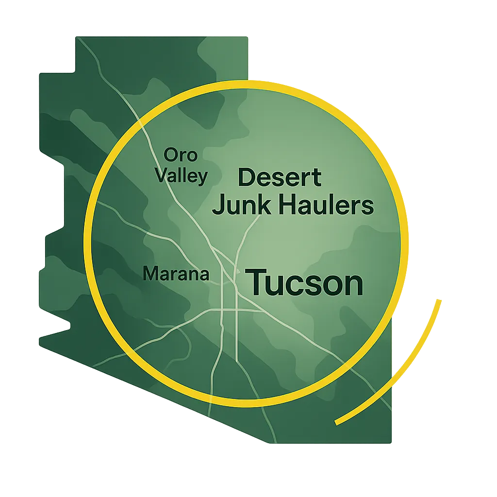 Stylized map showing Desert Junk Haulers service area in Southern Arizona including Tucson, Marana, and Oro Valley.