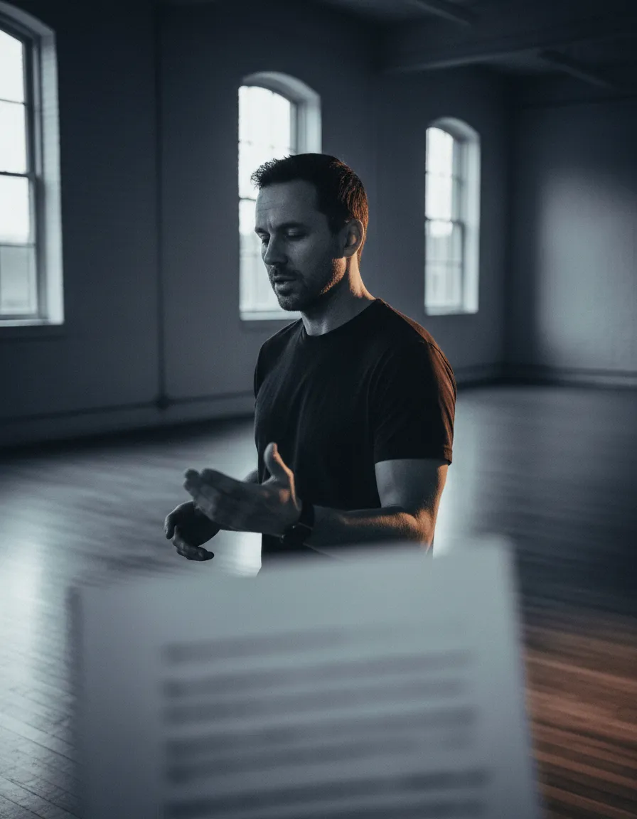 Actor in intense rehearsal focusing on performance and connection